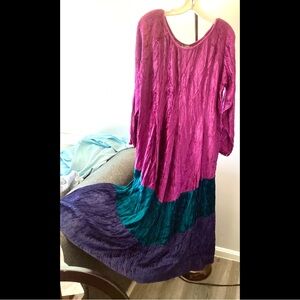 L Willow Ridge 90’s Bright Fuchsia Blue Green Velvet Hippie Maxi Dress